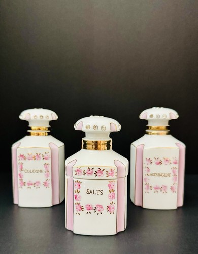 1956 Lefton Jeweled Vanity Set Cologne Astringent Salts Pink Gold Hand Painted