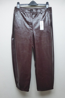 M&S Wide Leg Faux Leather Glossy Wine Dark Red Trousers Size 16 Regular BNWT