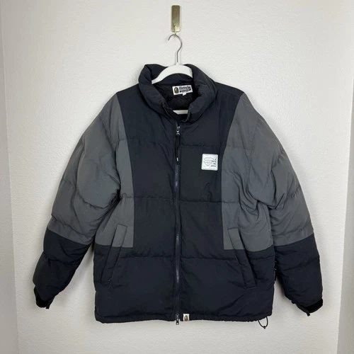 BAPE A Bathing Ape Puffer Jacket Mens Medium Down Feather Black Gray Streetwear image 2