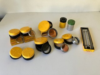 Lot of vintage Kodak film canisters filters Thermometer