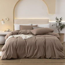 Washed Cotton Duvet Cover Set, 3 Pieces, Queen, Light Brown, Comfy Breathable