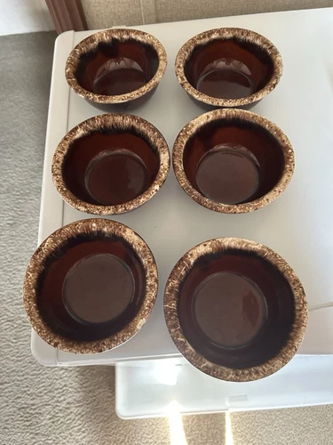 6 Hull Brown Drip Fruit Dessert Bowls Set Vintage Glazed 