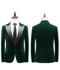 Green Men Velvet Suit Peak Lapel Formal Party Prom Groom Tuxedo Wedding Custom 