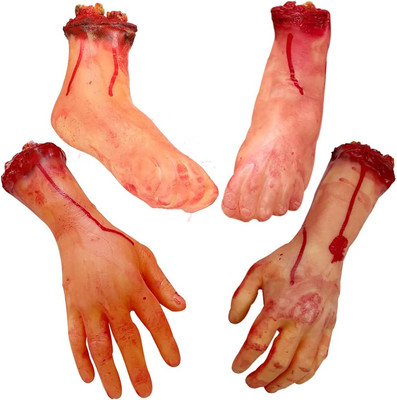 Medou 4 Pieces Fake Human Severed Hands Feet Set Scary Bloody Broken Body Parts 