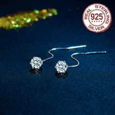 Women Round Cubic Zirconia Sterling Silver Tassel Threader Dangle Drop Earrings 