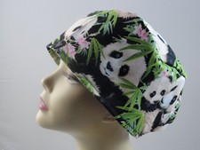 Ladies scrub hat, panda moms and babes with pink flowers, vashon style elastic