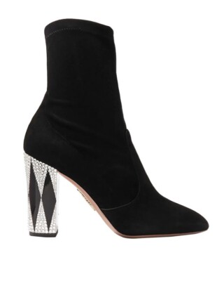 Aquazzura Black Suede Socks boots Diamanté Block Heels Size
