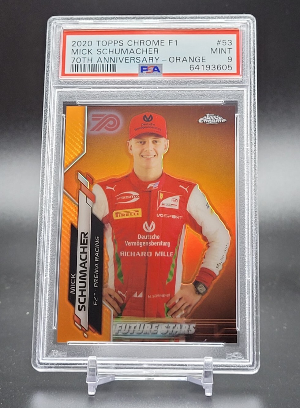 2020 Topps Chrome Formula 1 Mick Schumacher Orange 70th Refractor #53 PSA 9 RC