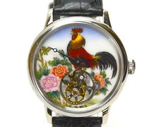 Flying Tourbillon SS Wristwatch with Hand Painted Enamel Chinese Rooster Zodiac