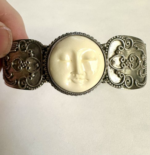 Bracciale Vintage Argento Sterling Bali Luna Intagliata Full Face Bellissimo - Foto 2 di 8