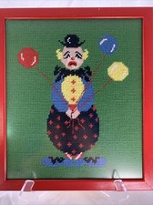 Vintage Needlepoint Circus Clown Professionally Framed 12 3/4 X 11 Inches