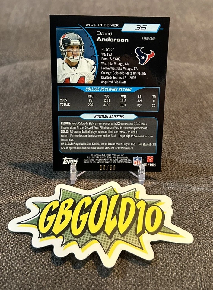 2006 Bowman Chrome Gold Refractor /50 David Anderson #36 Rookie RC - Image 2 of 3