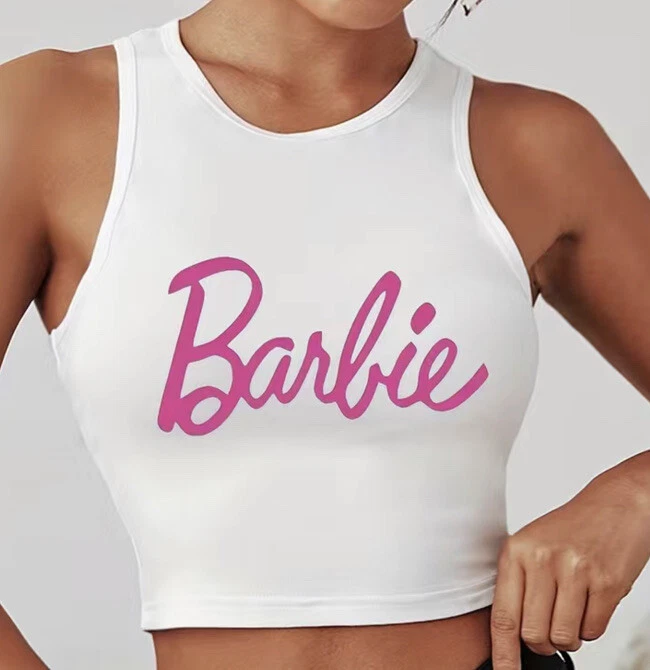 Barbie Crop Top Womens Large Barbie Spelled Out Sleeveless White