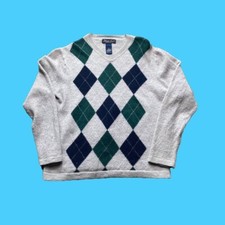 Vintage Garret Scott Argyle Print V Neck Sweater Womens Small Gray Hipster