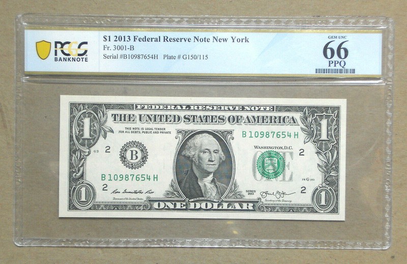 2013 $1 Dollar Bill US Federal Reserve Note Reverse Ladder B10987654H PCGS 66