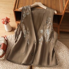 Gilet Sans Manches Vintage À Motif Floral Coton Lin Boutonné Femme Beige Khaki