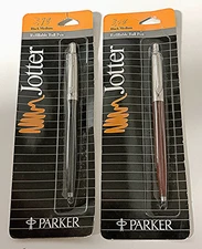 Vtg "2 PARKER JOTTER BALLPOINT PENS": USA 1990s; 1 Maroon 1 Blue; Silver, NMIB