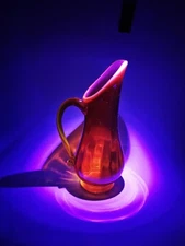 Vintage Cadmium Glass Red & Yellow Handled Pitcher  8.75" MCM