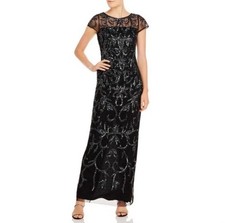 Adrianna Papell Beaded Full-Length Mesh Gown Dress Size 2 Black