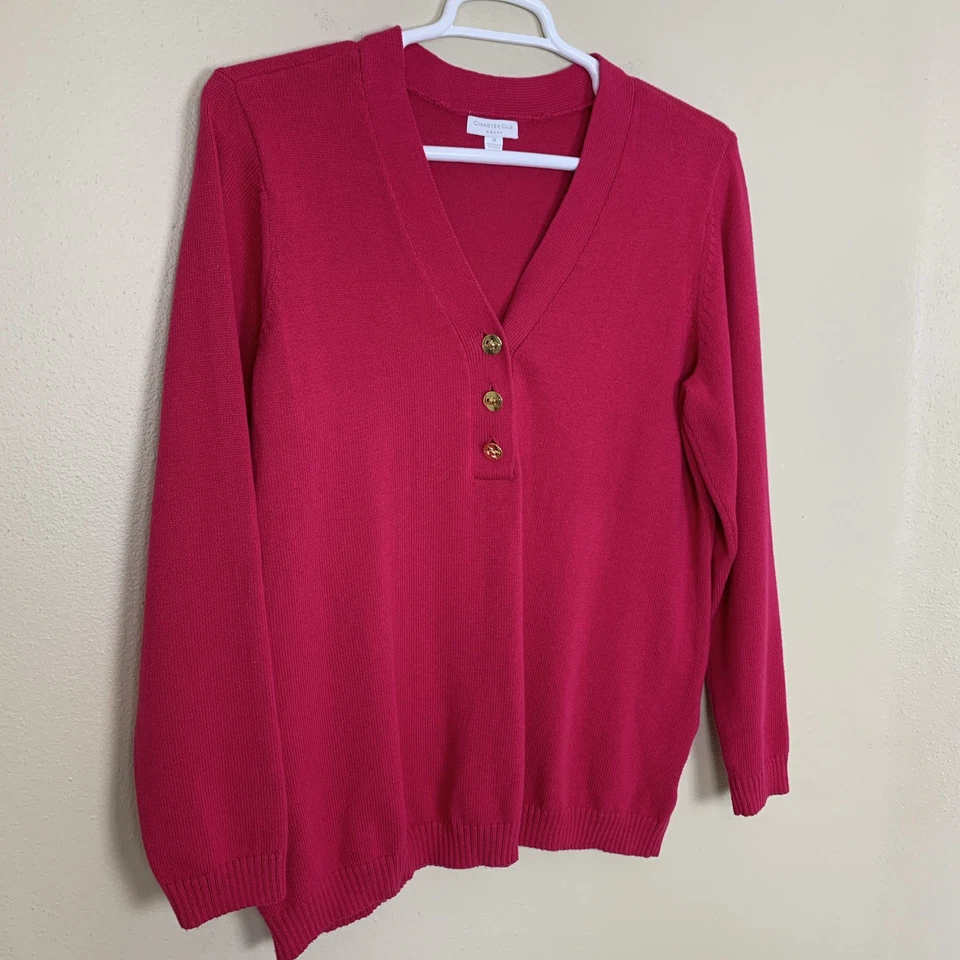 Charter Club Mujer 2X Suéter Pullover Cuello en V Rosa Dorado Botón Tejido Algodón Foto 4 de 4