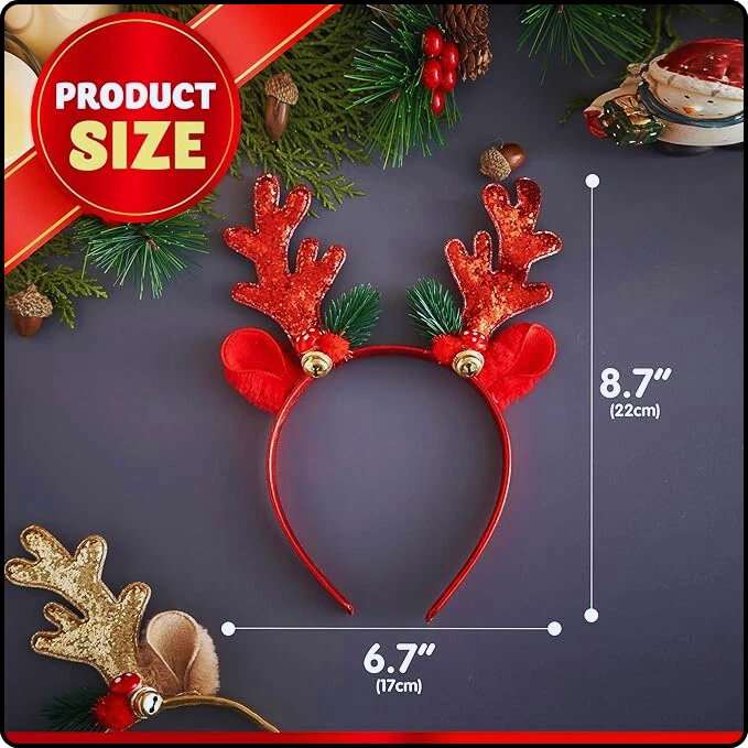 2 BANDAS PARA EL CABELLO DORADAS Y ROJAS brillantes cuernos de reno Navidad fiesta de vacaciones Foto 3 de 4