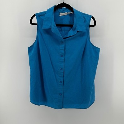 Basic Editions Teal Blue Sleeveless Button Down Shirt 18W 90s Coastal Preppy