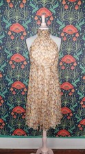 Vintage 90's Y2K Brown Yellow Blue Romantic Silk Chiffon Femme High Neck Dress