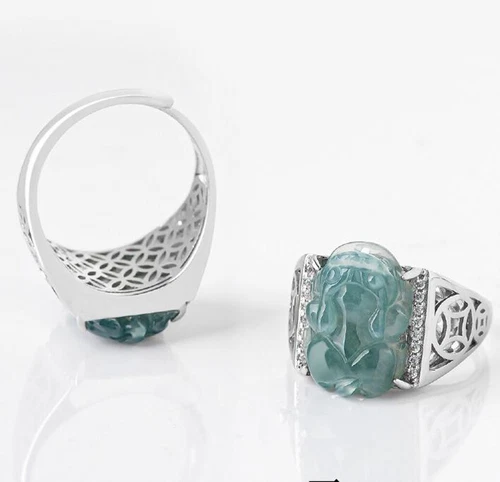 Certified Green Natural A Jade jadeite PiXiu Sterling 925 Silver Man Woman Ring - Picture 13 of 21