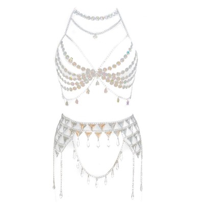 Body Waist Chain Skirt and Crystals Bra Top for Stylish Women and Girls