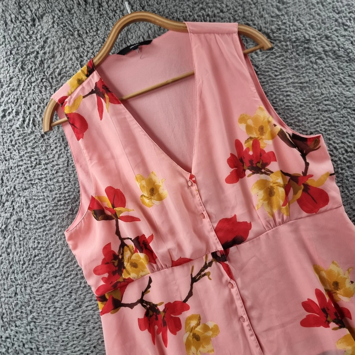 Vero Moda Top Womens Blouse Size 16 Pink Red Yellow Floral Sleeveless V-Neck