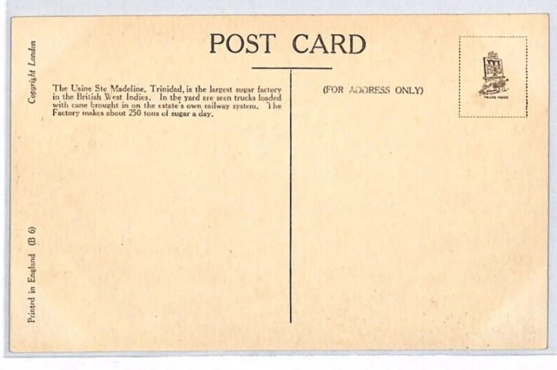 Postal TRINIDAD & TOBAGO *FÁBRICA DE AZÚCAR DE CAÑA* PPC sin usar{cubiertas samwells}PJ120 Foto 3 de 4