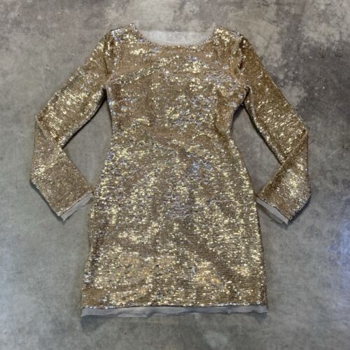 Rachel Zoe Dress Womens 0 Gold Sequin Long Sleeve Bodycon Mini Tie Back
