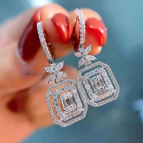 Lab Created Diamond Dazzling Female Dangle Earrings 14K White Gold Over - Picture 6 of 8