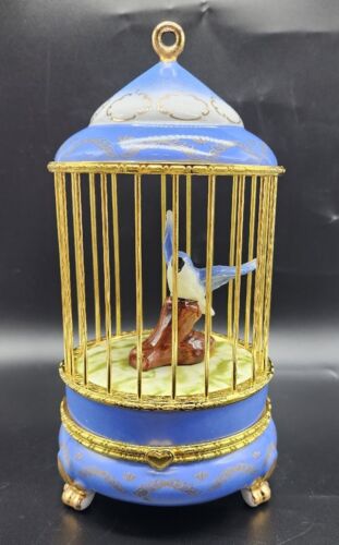 Vintage Large Trinket Box Birdcage Bird On Branch Porcelain Glossy Hinged 8ins - Afbeelding 1 van 14