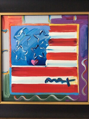 Peter Max Flagge Original Acryl Gemälde auf Leinwand 10 x 10 Unikat Original