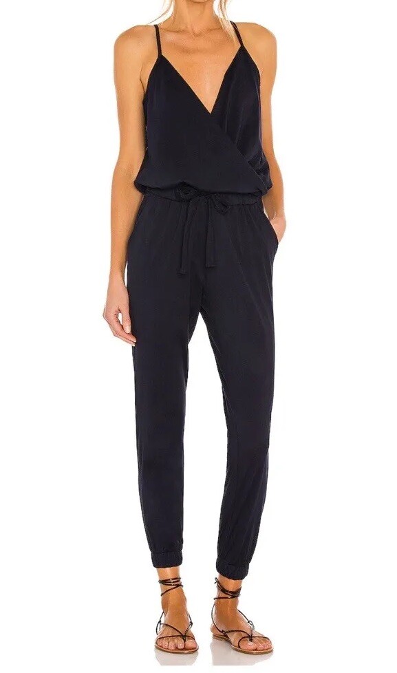 Bobi Supreme Jersey Tied Waist V Neck Cotton Jumpsuit Passport Navy Blue XS/2/4