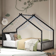 Twin Size House Bed W Roof Colorful Lights Metal Bed Frame W Slats and Legs