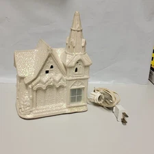 White Glittered Lighted Church 8in Tall W/5.5x3.5 Base