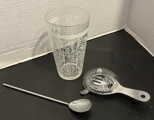 Vintage Federal Glass Company Cocktail Mixing Set Glass, Strainer, Spoon