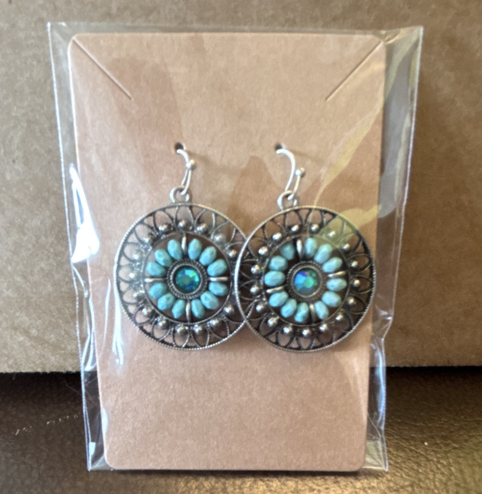 Silver Tone Round Turquoise Color Dangle Hook Earrings Metal Drop