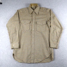 Vintage 70s Woolrich Flannel Mens M Tan Plaid Wool Blend Workwear Made USA