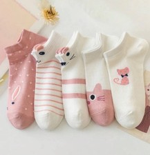 New Cat Socks 5 Pairs Womens One Size Pink And White Ankle Socks Stripes