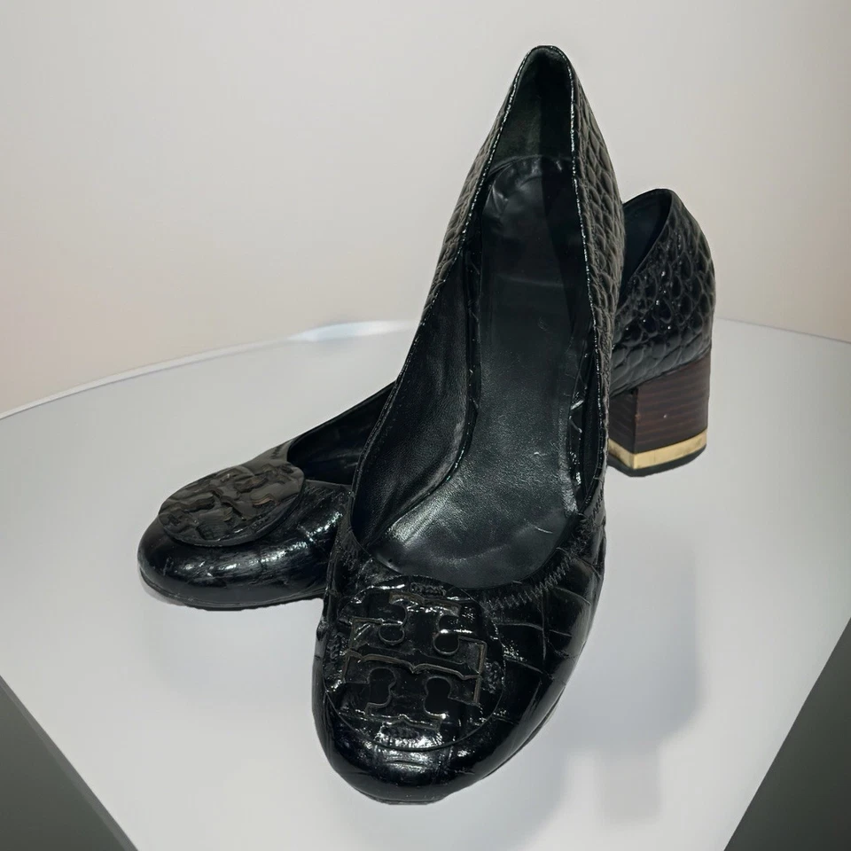 Tory Burch лакированная кожа крокодила выбитый блок каблуки черный с коробкой размер 10 M - Изображение 3 из 4