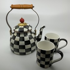 MacKenzie Childs New 2 Qt Enamel Tea Kettle and Mug Set Courtly Check Black