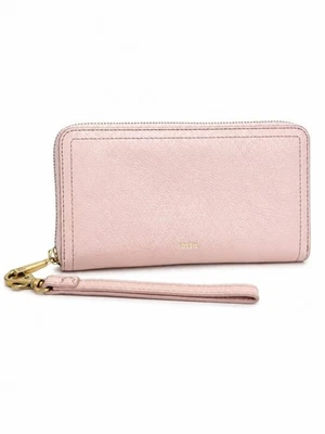 Fossil Logan Zip Around Clutch Geldbörse Pale Pink Pebbled Leder RFID Wristlet - Bild 1 von 4