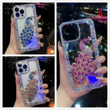 Diamond Bling Glitter Peacock Rhinestone Rubber TPU Back Phone Case For iPhone