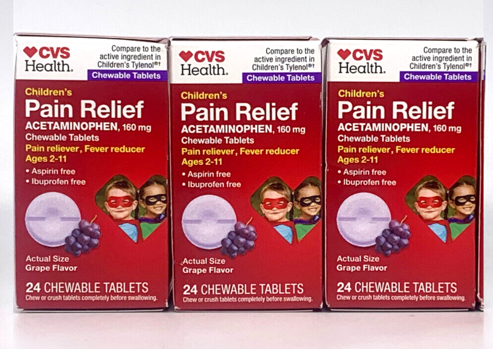 Children's Pain Relief Acetaminophen 160mg Chewable Grape 3 x 24 Ct Ea Exp 1/25+