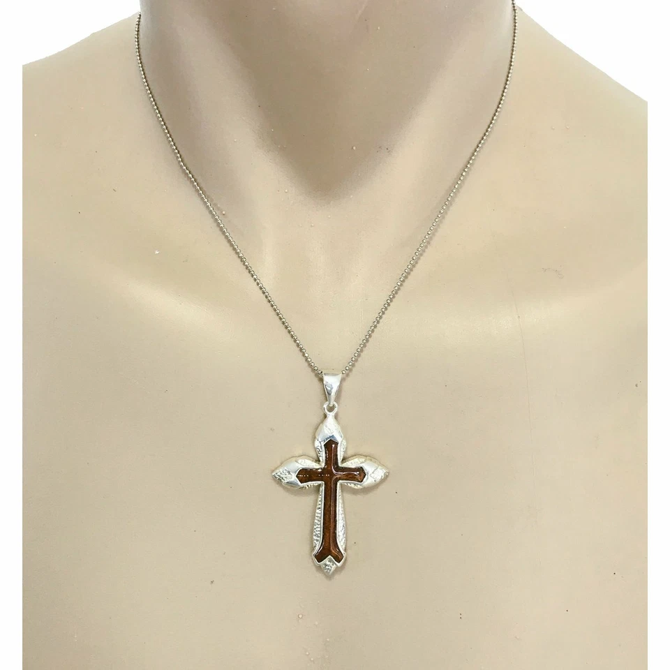 Hawaiian Jewelry Silver Koa Wood Cross Pendant Necklace with 18 inch chain - Image 3 of 3