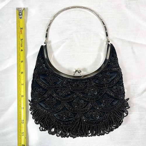 Black Beads & Sequins Purse Small Handbag Clutch Mary Kay Handle Folds Over - Picture 7 of 12