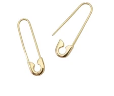 14k Solid Yellow gold Safety Pin Clip Earrings Pendientes 8x24 mm